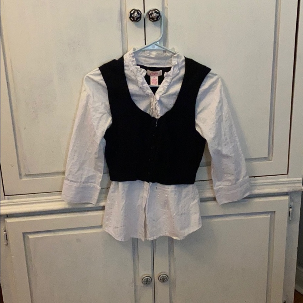 White longsleeve button down w/ cropped black vest